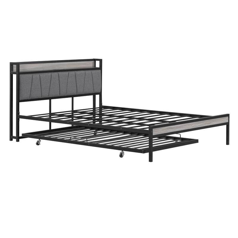 HomeRoots Black and Gray Metal And Upholstery Queen Bed Frame With Trundle