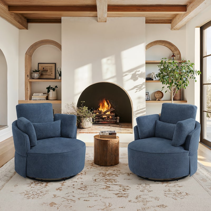 Modern Upholstered Swivel Accent Chair Round Chair with Pillows Single Sofa Chair Chenille Armchair for Living Room - Blue - Set of 2