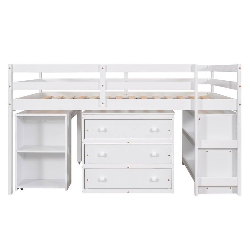 Full Size Low Loft Bed,Multifunctional Loft Bed with ,Shelves and Rolling Desk,White