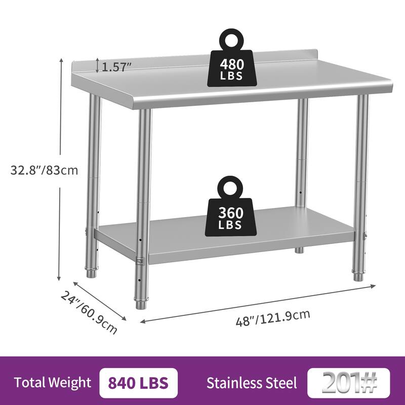 Stainless Steel Table for Prep & Work with Backsplash