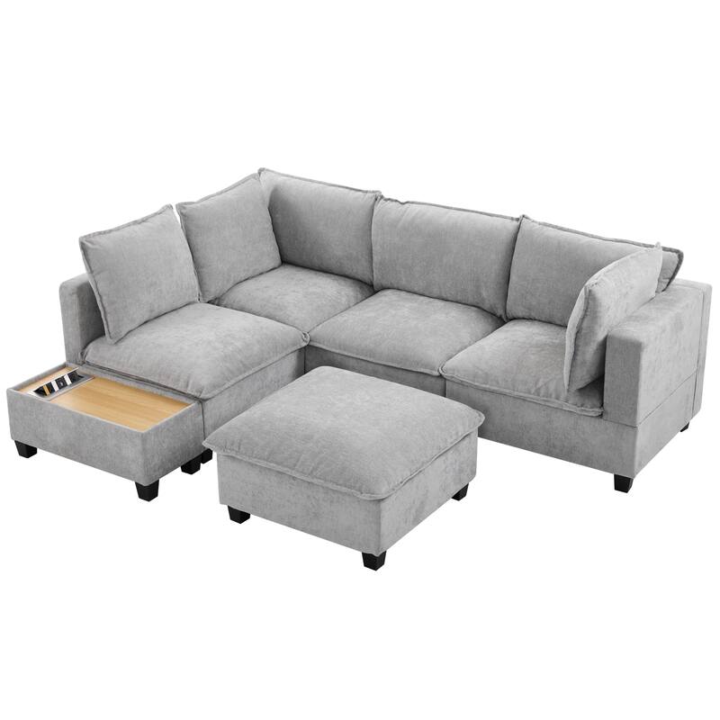 U-Shaped Sectional Sofa with Ottoman, Coffee Table with Hidden Charging Devices, Oversized Chenille Upholstered Cloud Sofa