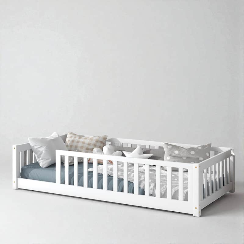 Twin Floor Bed with High Safety Fence, Rubber Wood Construction, Easy Assembly
