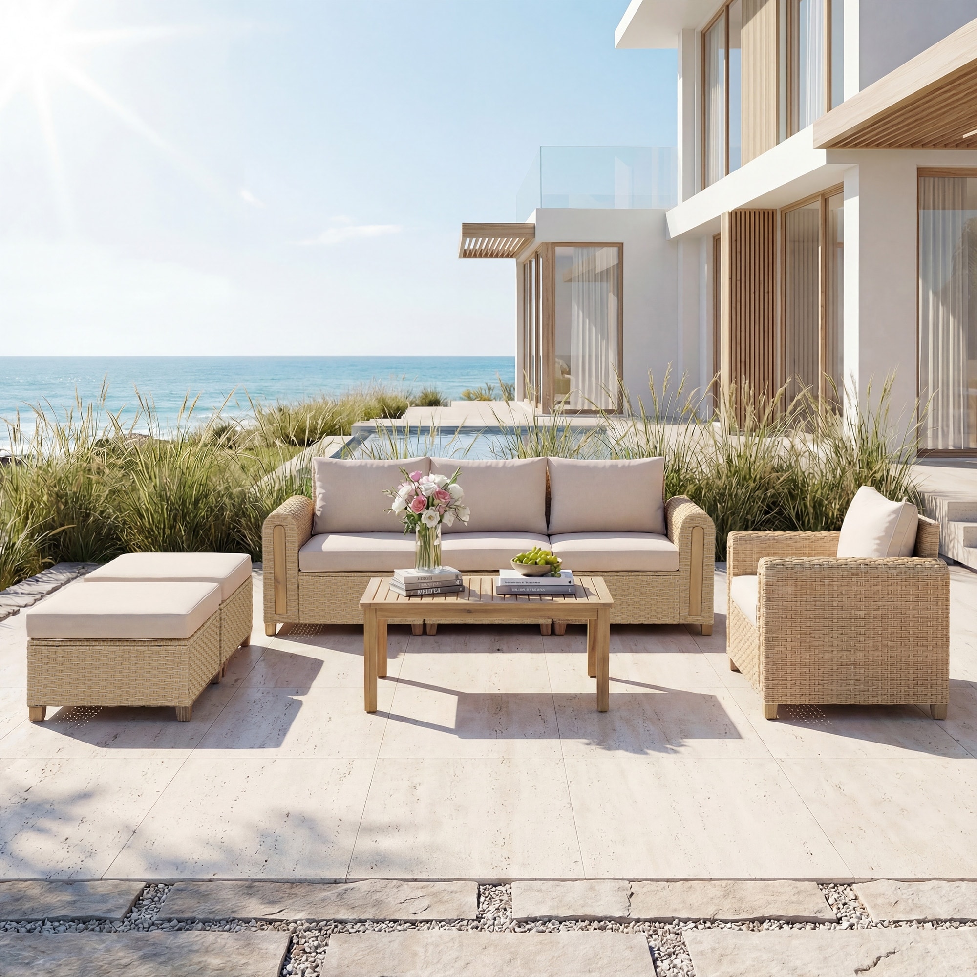 Outdoor Conversation Set Sectional Sofa 7-Piece Patio 3-Seater Modular Sofa Coffee Table Wicker Rattan Acacia Wood with Ottoman