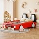 preview thumbnail 2 of 8, Wooden Twin Size Race Car-Shaped Platform Bed with Wheels, PU Leather Bed with Support Slat for Bedroom, Red