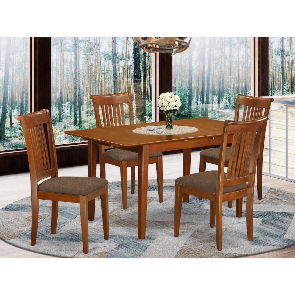 Extendable Dining Table Set - 6 Chairs, Saddle Brown, 30" x 60" Table