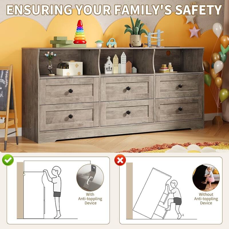 6 Drawer Dresser TV Stand for Bedroom with Charging Station & LED Lights