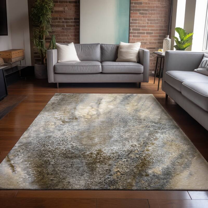 Machine Washable Indoor/ Outdoor Abstract Watercolor Chantille Rug - Beige - 9' x 12'