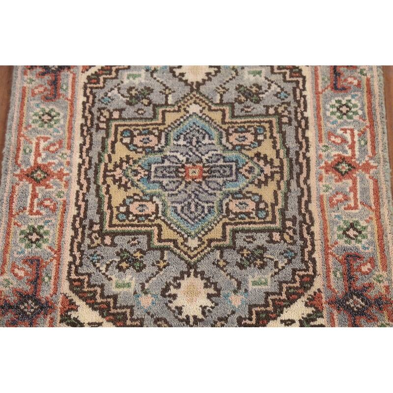 Geometric Heriz Serapi Indian Accent Rug Handmade Gray Wool Carpet - 2'0"x 3'0"