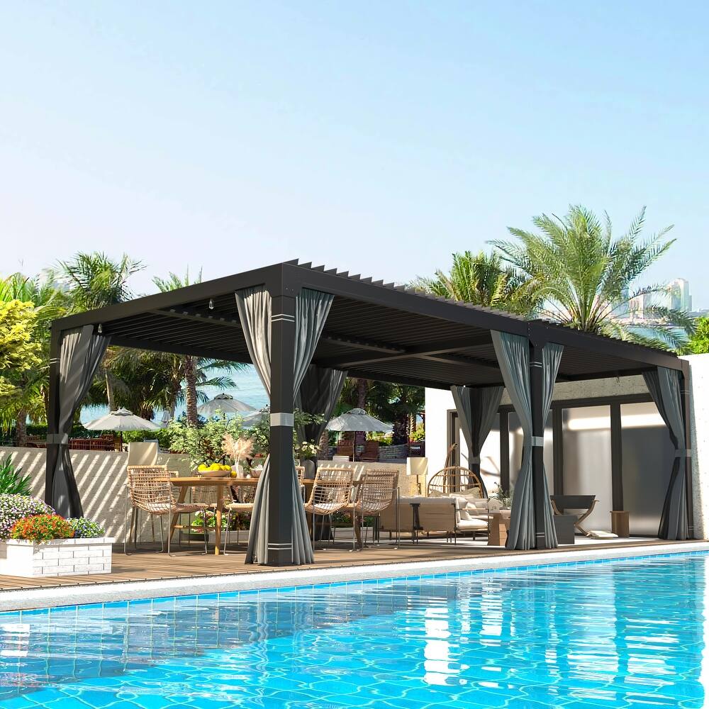 EROMMY 12x20 Adjustable Metal Roof Gazebo, Louvered Pergola for Outdoor Use, Includes Curtains and Netting for Patio