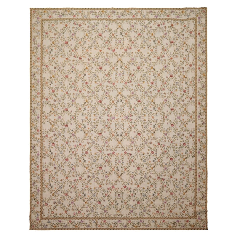 7'8''x10 Hand Woven Wool Ivory Aubusson Needlepoint Classic Floral Rug - 7' 8'' x 10' - 7' 8'' x 10'