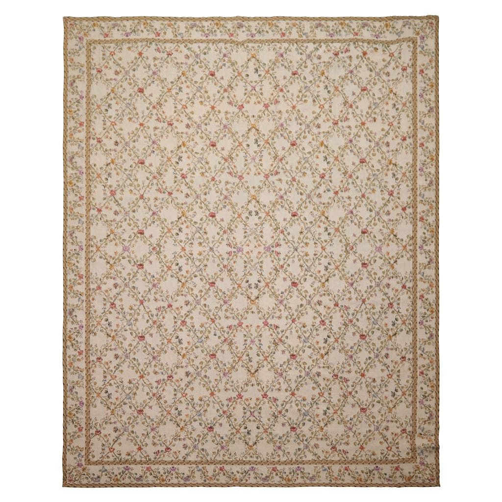 7'8''x10 Hand Woven Wool Ivory Aubusson Needlepoint Classic Floral Rug - 7' 8'' x 10'