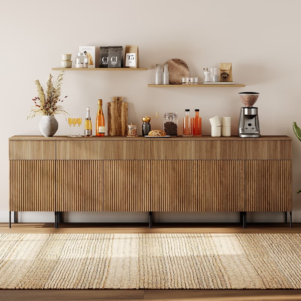94.5" Wooden Sideboard With Reeded Design, 4-In-1 Modern Credenza With Charging