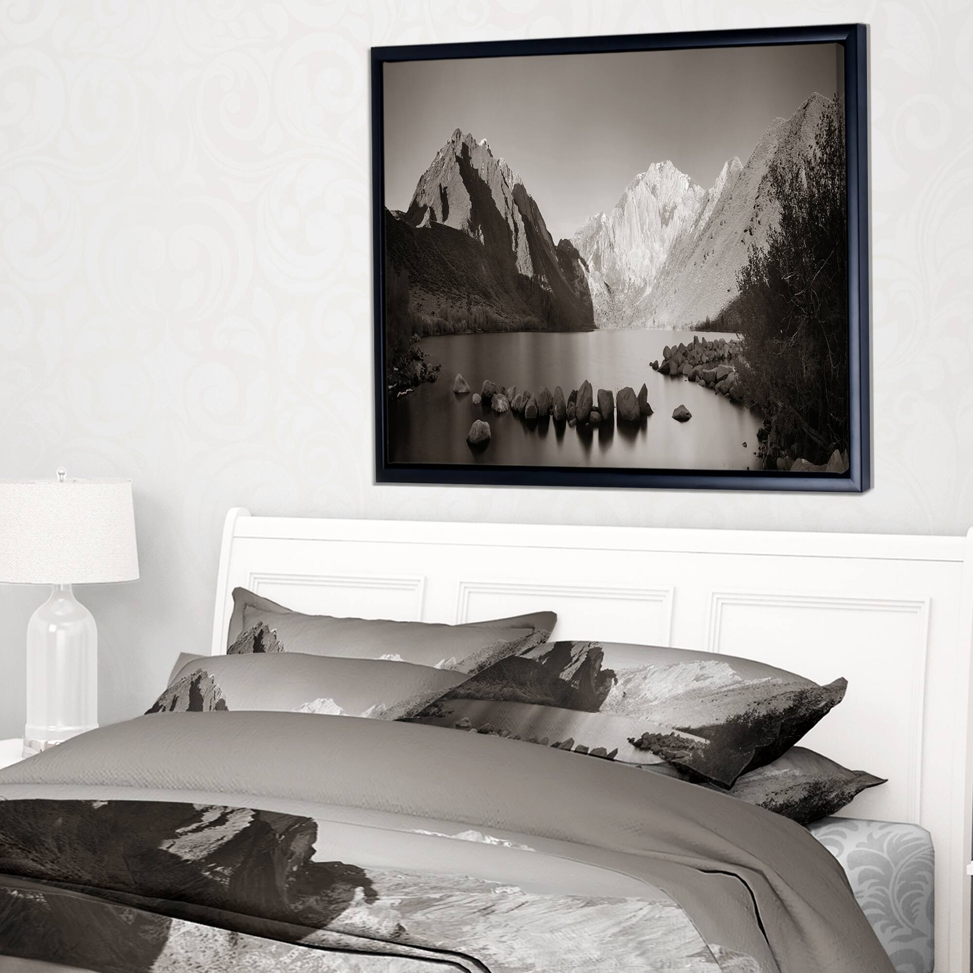 Designart "Snow Mountain Lake Panorama" Large Landscape Framed Canvas