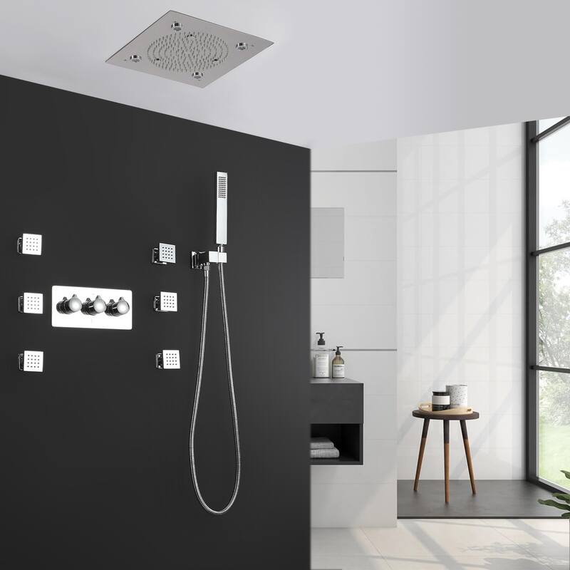 Luxury Ceiling Mounted 9-color LED 4-Way Complete Rain and Spray Shower System with 6 Body Jets and Showerhead
