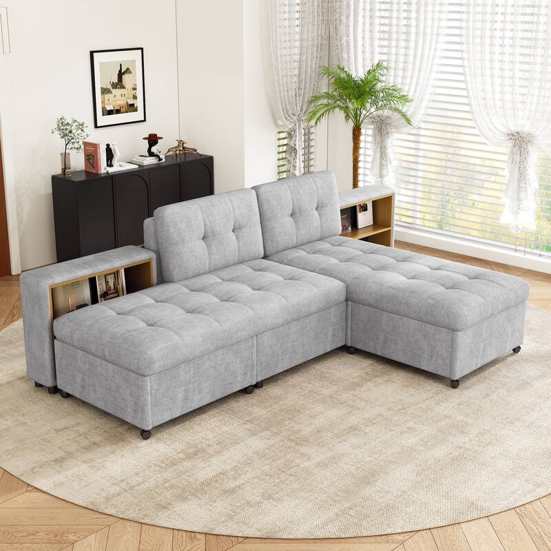 121.2" Versatile Modular Sofa Bed with 2 Storage Racks, Gray, Chenille Upholstered
