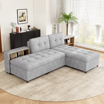 121.2" Versatile Modular Sofa Bed with 2 Storage Racks, Gray, Chenille Upholstered