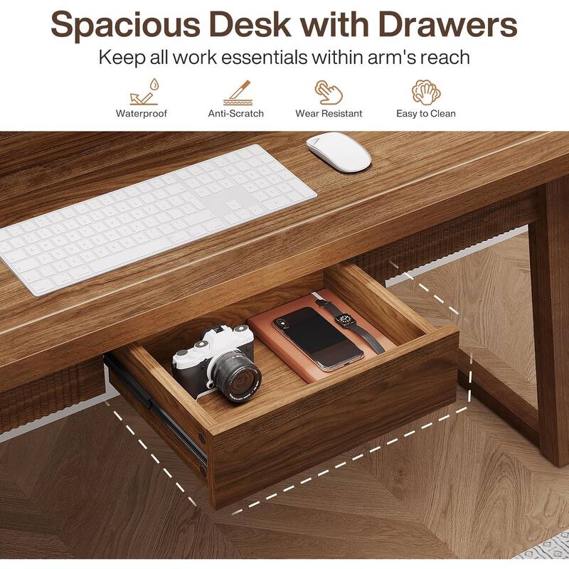 55 Inches Mid-Century Solid Wood Computer Desk with Drawer