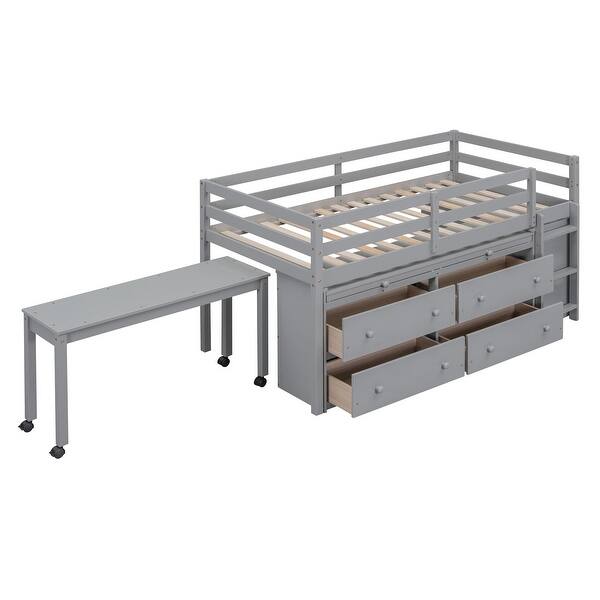 slide 2 of 39, Muti-Functional Twin Size Wood Loft Bed,Lateral Portable Desk and Shelves Gray