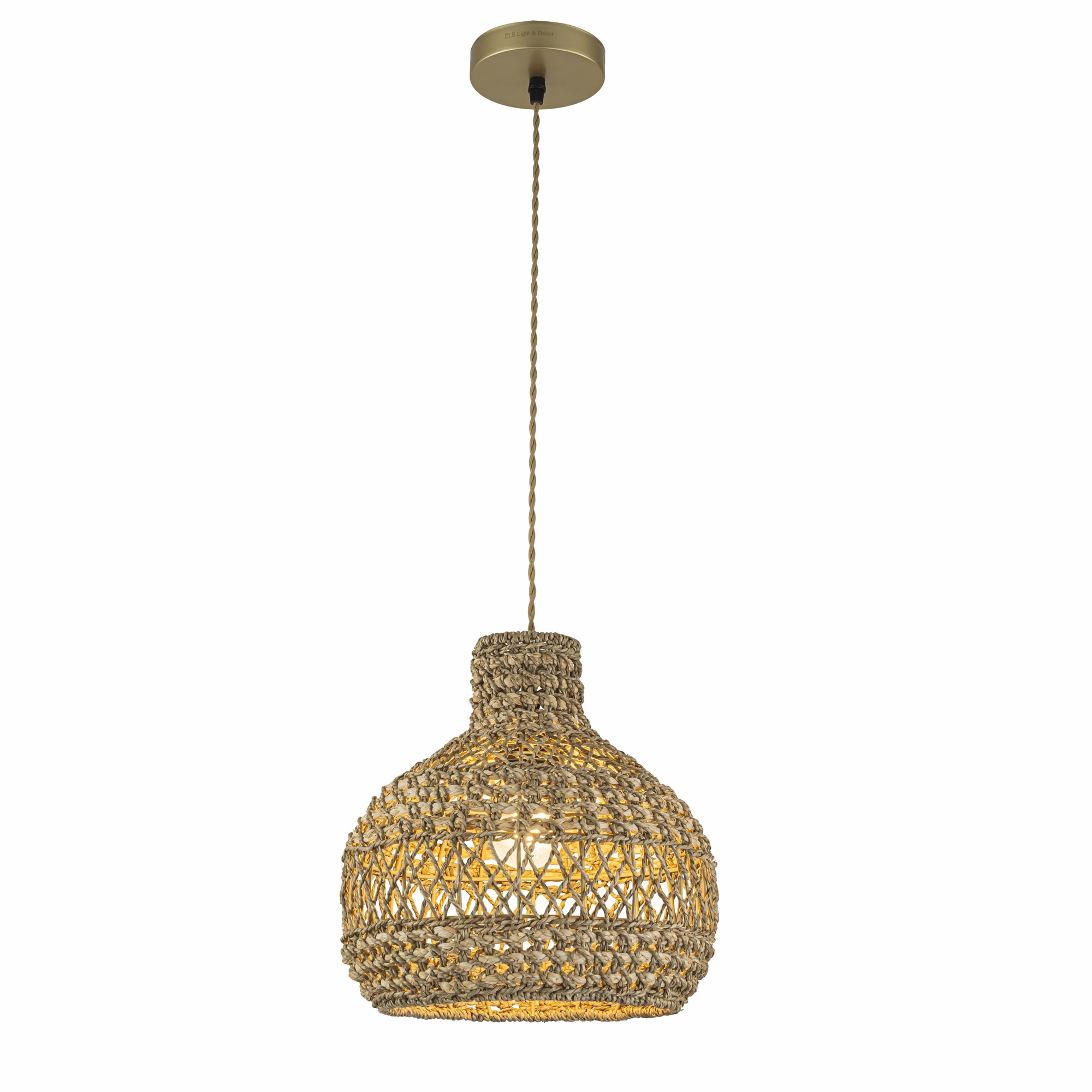 Homa Rattan Coastal Boho 12" Gold Dome Pendant Light - 12" Wide