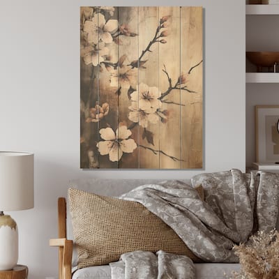 DESIGN ART "Cherry Blossoms Brown Dark Solitude" Cherry Wood Wall Decor - Traditional Wood Panel On Natural Pine Wood