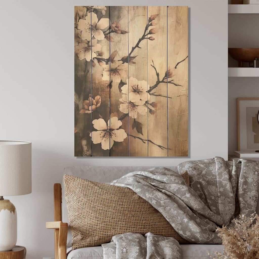 DESIGN ART "Cherry Blossoms Brown Dark Solitude" Cherry Wood Wall Decor - Traditional Wood Panel On Natural Pine Wood