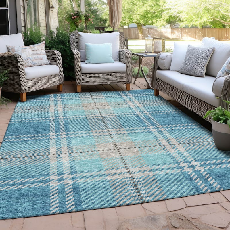 Machine Washable Indoor/ Outdoor Chantille Plaid Cozy Rug - Teal - 9' x 12'