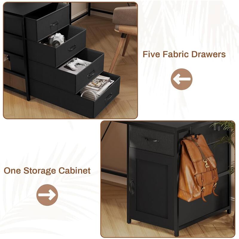 L Shaped Computer Desk 5 fabric Drawers Gaming Desk Storage Shelf