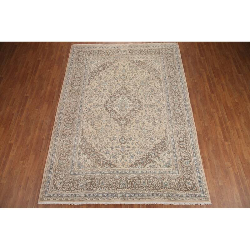 Hand Knotted Oriental 100% Wool Carpet Traditional Floral Beige & Ivories Mashad Area Rug - 11' 1'' X 8' 1''