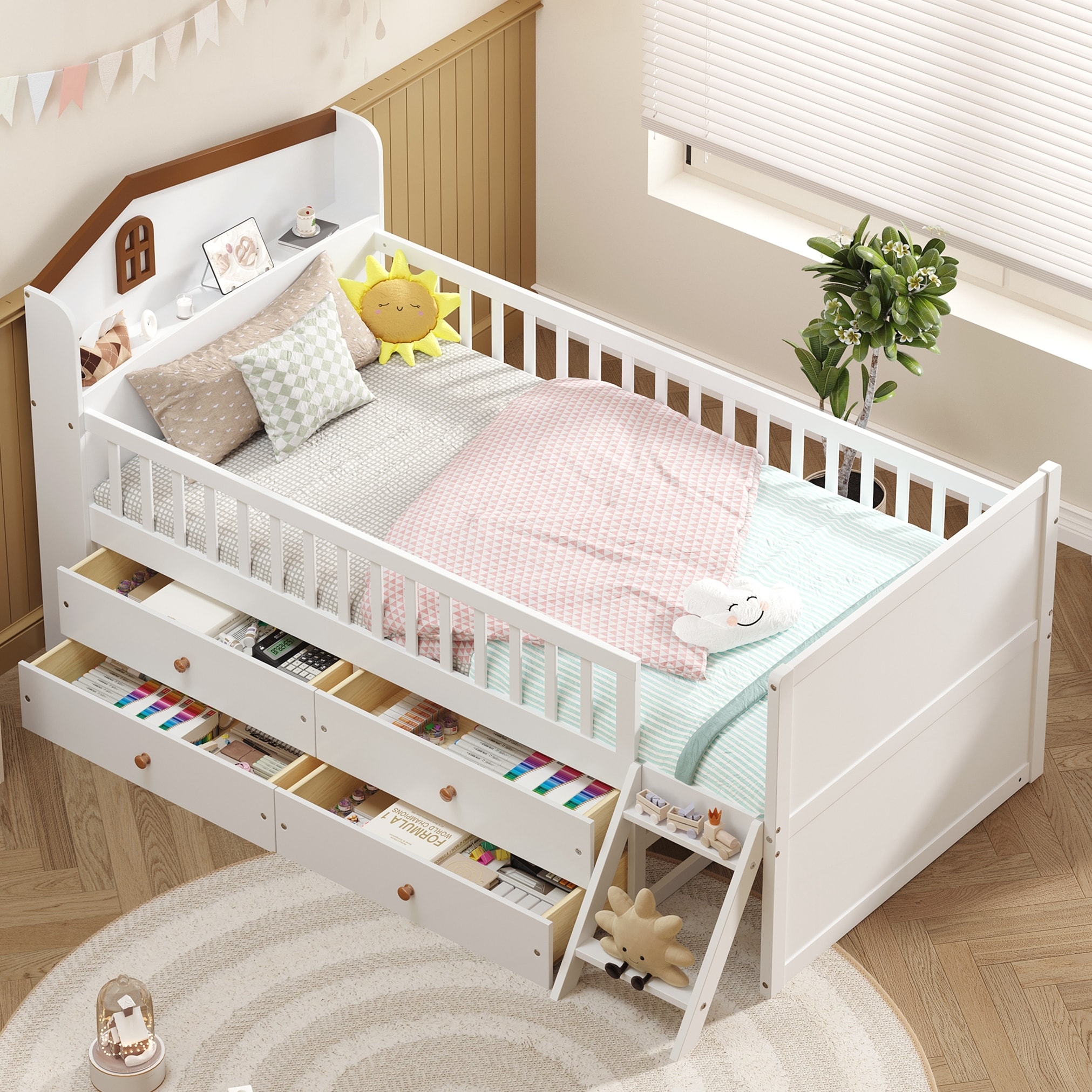 Twin Bed Frame with Storage 4 Drawers,Wooden Bed Frame for Kids,Platform Twin Size Bed with Guardrail Headboard
