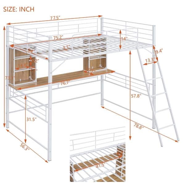dimension image slide 0 of 4, Space-Saving Metal Loft Bed with Desk and Storage Shelves