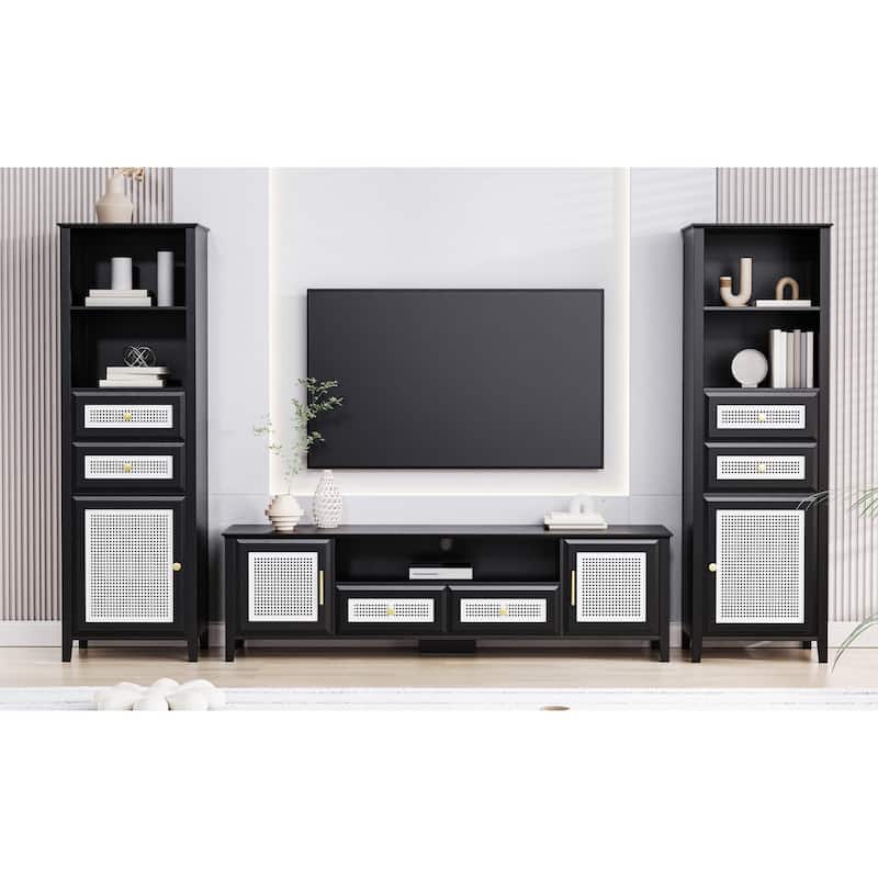Black Rattan TV Stand Sets with TV Console and 2 Tall Cabinets - 102.10" x 15.70" x 63.00"