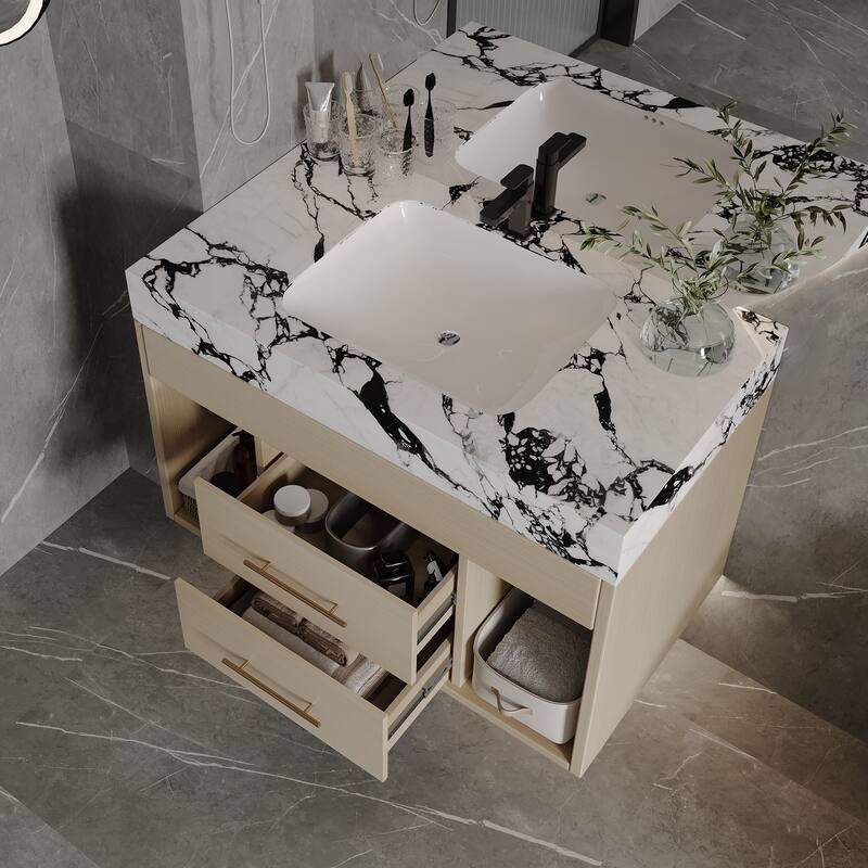 GDFStudio - Modern 29.9" Floating Bathroom Vanity with Sintered Stone Top, Ceramic Sink & U-Shape Drawers