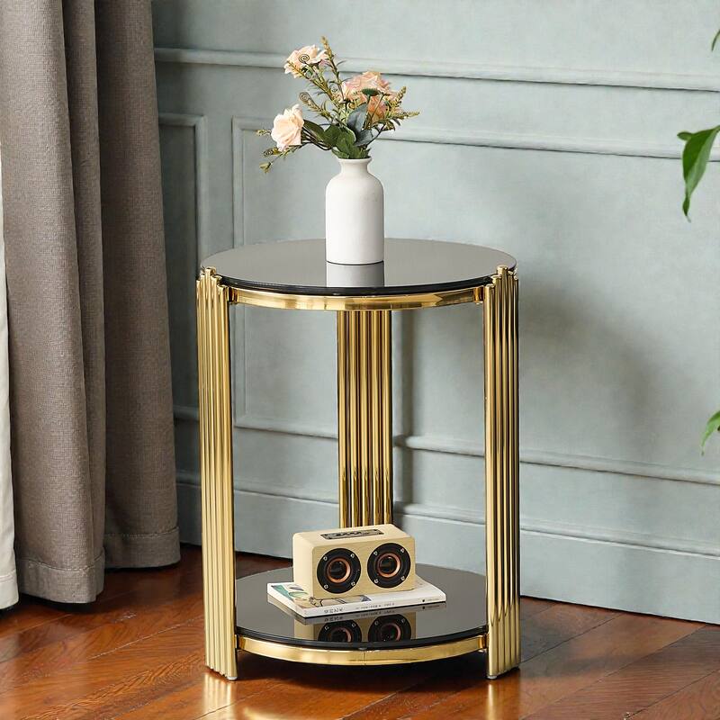 16.9 Inch Modern Round End Table with Double Layer Black Glass, Gold Stainless Steel Frame, Easy Assembly