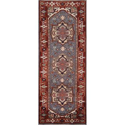 Geometric Heriz Serapi Runner Rug Handmade Oriental Wool Carpet - 2'7"x 8'0"