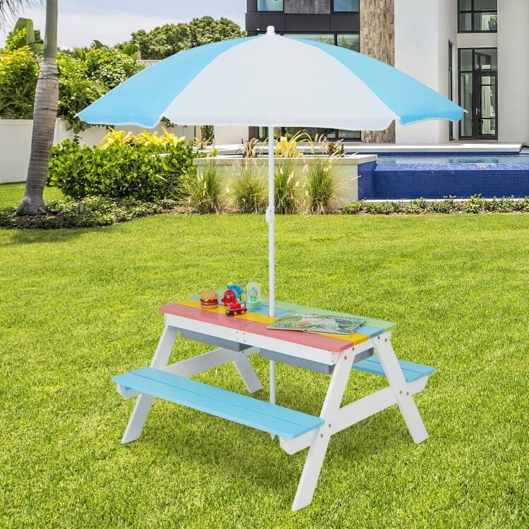 3-in-1 Kids Outdoor Picnic Water Sand Table with Umbrella Play Boxes