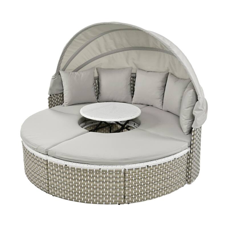 Outdoor Patio Furniture Set, Round Outdoor Sectional Sofa Set, Rattan Daybed with Retractable Canopy and Removable Cushion