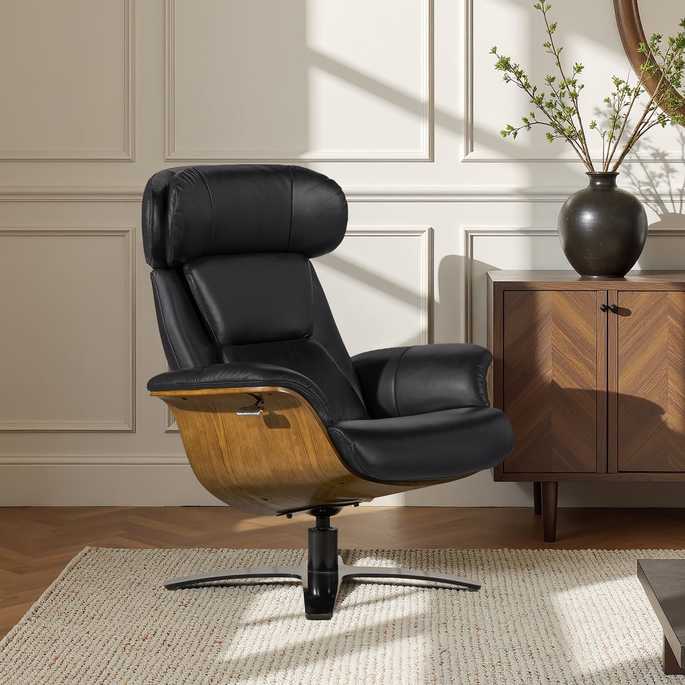 Jovan 31.5" Curved Wood Genuine Leather Recliner Lounge Chair