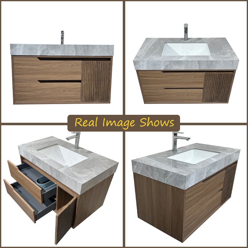 36"Mid Century Modern Wall-Mounted Bathroom Vanities,Single Sink,Brown Wood Texture with Sintered Stone Table top