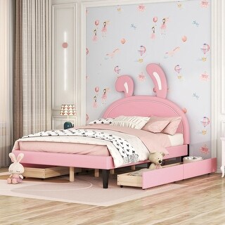 Full Upholstered Leather Platform Bed with Rabbit Ornament & 4 Drawers, Low to Ground Full Bed Frame with Slats Support, Pink