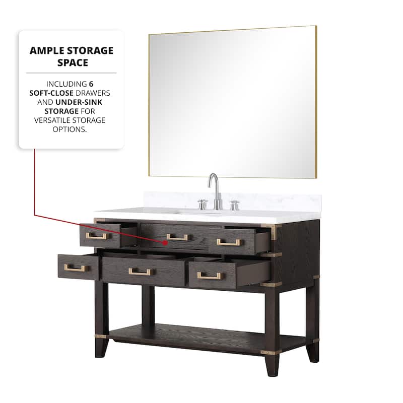Norwalk 48 in W x 22 in D Black Oak Single Bath Vanity, White Quartz Top, and 46 in Mirror