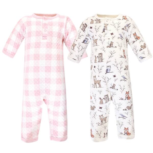 slide 1 of 1, Hudson Baby Infant Girl Premium Quilted Coveralls 2pk, Enchanted Forest 0 - 3 Months - Pink