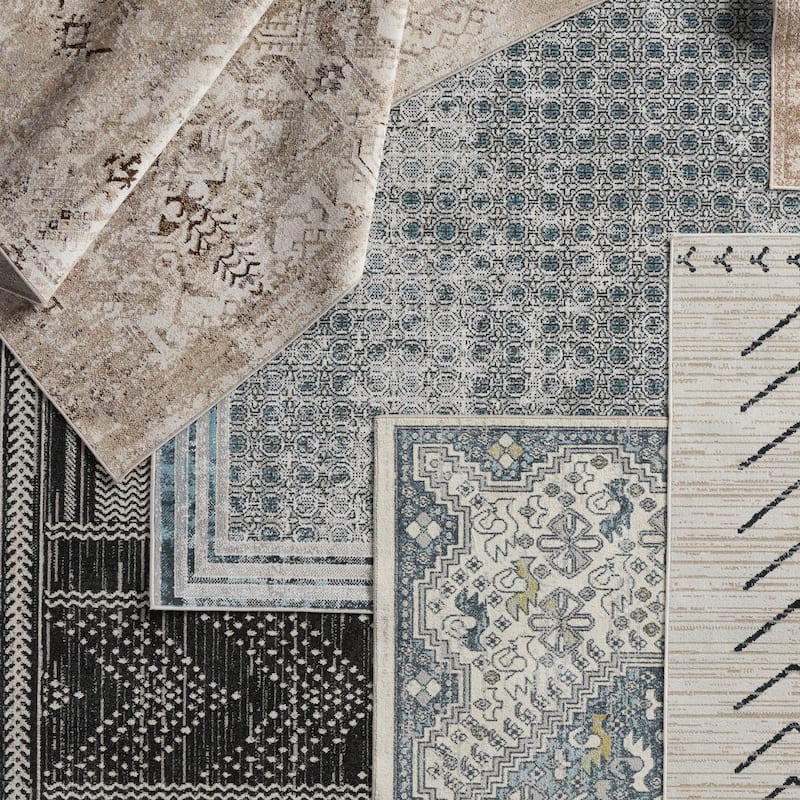 Machine Washable Yucca Medallion Cream/ Blue Area Rug.
