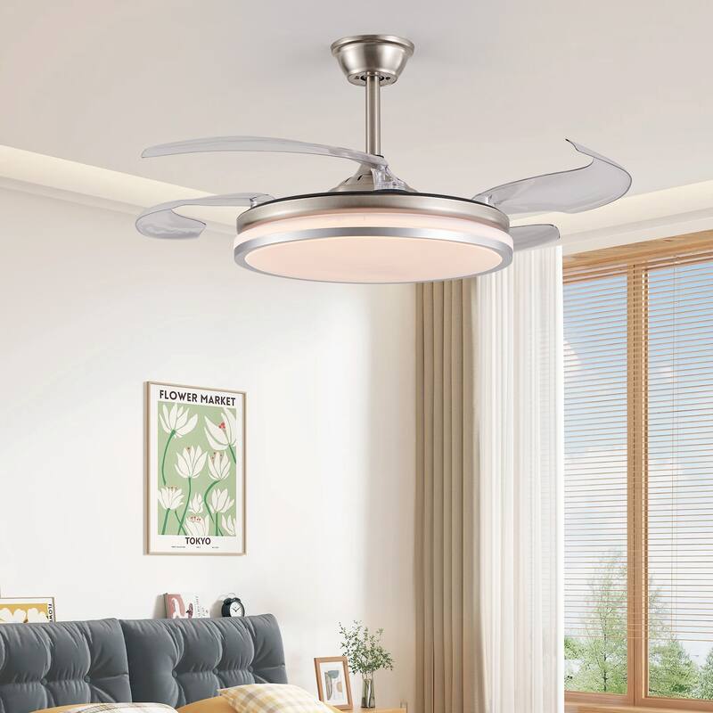 Retractable Ceiling Fan with Light and Remote Control, 6 Speeds DC Motor Ceiling Fan for Living Room Bedroom - 42 Inch - Chrome - 42 Inch