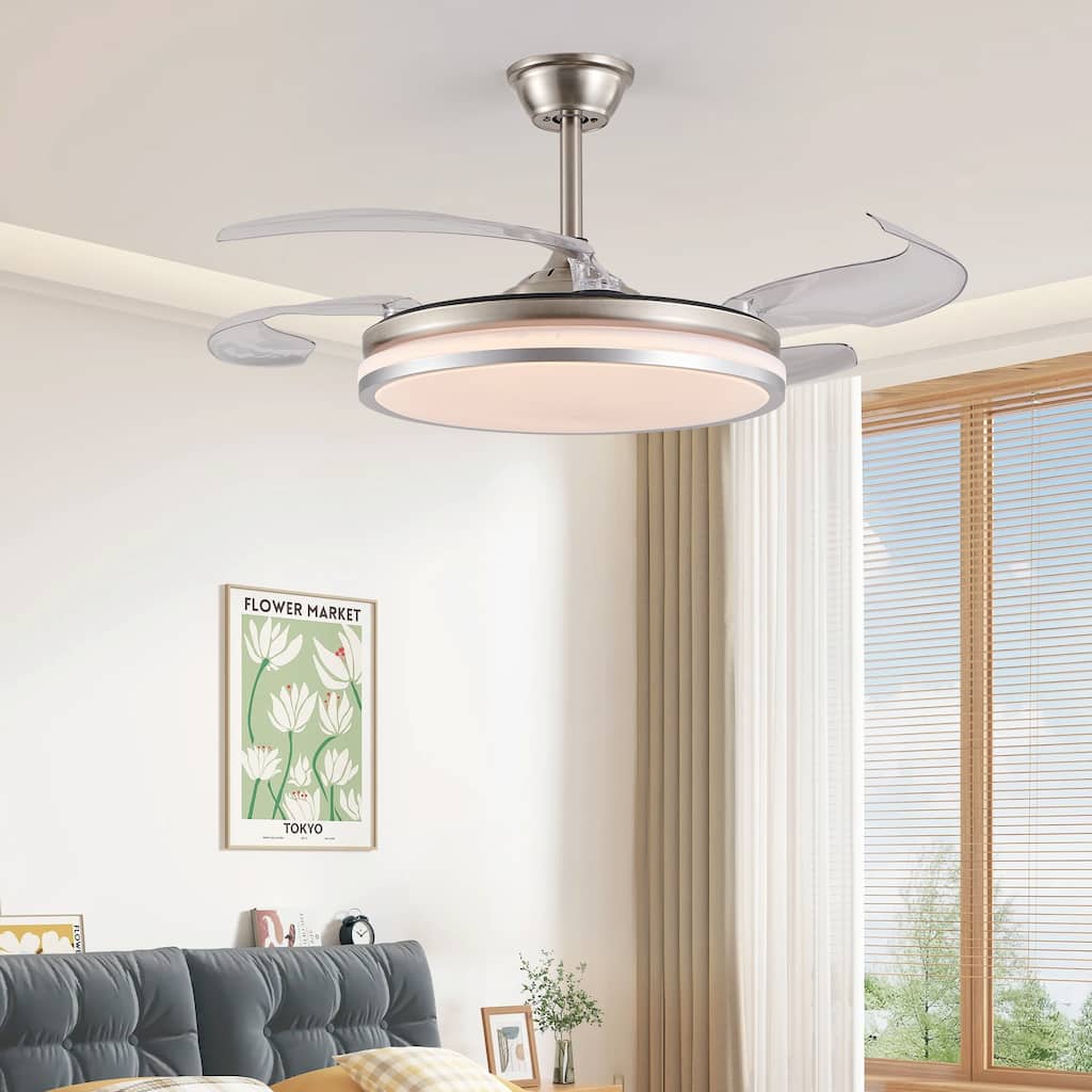 Retractable Ceiling Fan with Light and Remote Control, 6 Speeds DC Motor Ceiling Fan for Living Room Bedroom - 42 Inch