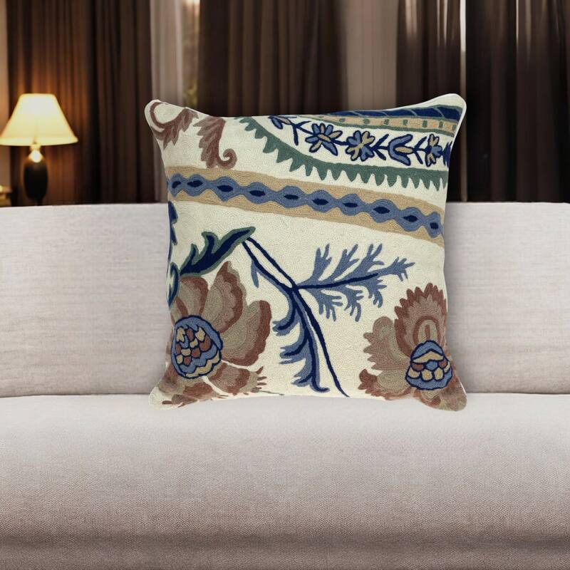 20" Blue and Beige Floral Wool Throw Pillow With Embroidery - Polyester - Single - 20.00 in. x 20.00 in.  x 6.00 in. - Pillow Sets - Beige/Blue