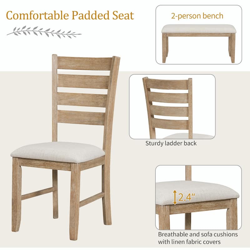 Rustic Wood Dining Set with Table, Chairs, and Bench - Set of 6