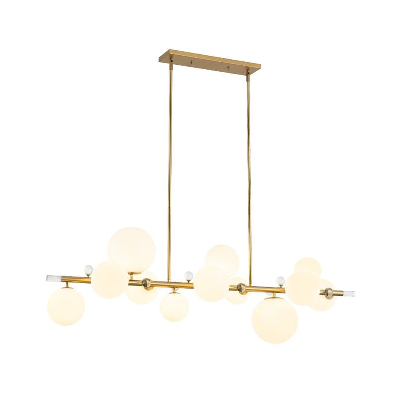Mid-Century Luxe Milky Glass Globe Linear Chandelier Crystal Accents