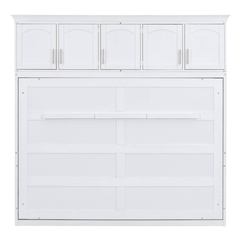 Queen Size Foldable Wall Bed with Top Cabinets, Space-Saving Design, White
