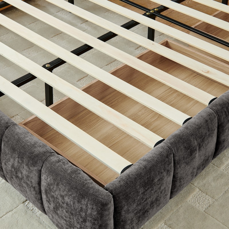 King Size Size Platform Bed with Chenille Fabric, Soft Headboard, Built-in Storage Drawers, and Elegant Design