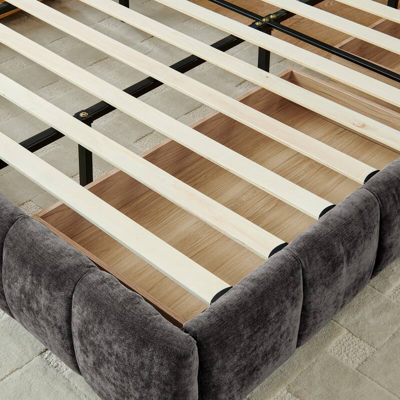 Modern King Size Upholstered Bed with Storage Drawers, Dark Gray